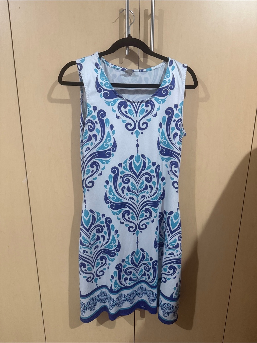 Sleeveless White Mini Dress with Blue Paisley Print